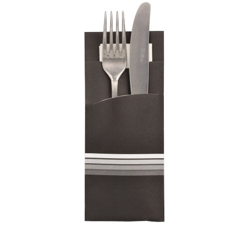 Papstar 1x 520 Bestecktaschen 20 cm x 8,5 cm schwarz/weiss "Stripes" inkl. farbiger Serviette 33 x 33 cm 2-lag.