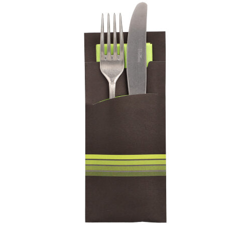 Papstar 1x 520 Bestecktaschen 20 cm x 8,5 cm schwarz/limone "Stripes" inkl. farbiger Serviette 33 x 33 cm 2-lag.