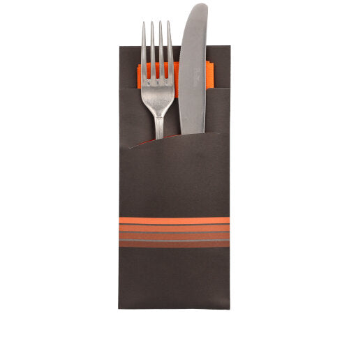 Papstar 1x 520 Bestecktaschen 20 cm x 8,5 cm schwarz/orange "Stripes" inkl. farbiger Serviette 33 x 33 cm 2-lag.