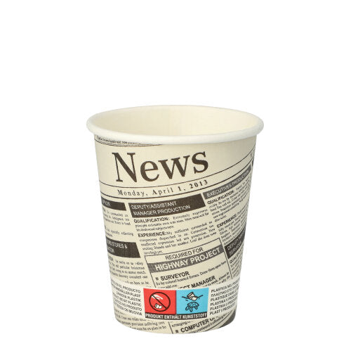 Papstar 1.000 Trinkbecher "Newsprint - To Go", Pappe, Weiß und Schwarz, Inhalt: 200ml, Durchmesser: 8cm, Höhe: 9,2cm