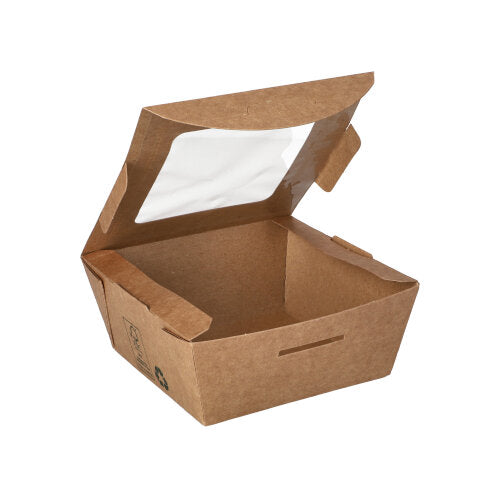 Papstar 12x 40 Feinkostboxen, Pappe mit Sichtfenster aus PLA "pure" eckig 350 ml 4,5 cm x 9 cm x 9 cm braun "100% Fair"