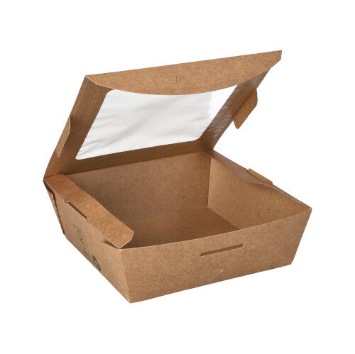 Papstar 3x 40 Feinkostboxen, Pappe mit Sichtfenster aus PLA eckig 650 ml 4,5 cm x 12 cm x 12 cm braun "100% Fair"