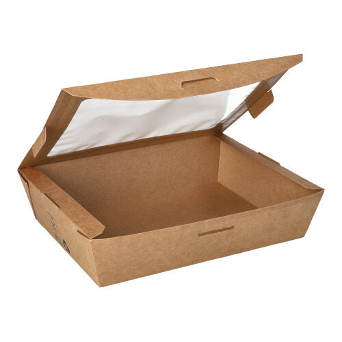 Papstar 4x 40 Feinkostboxen, Pappe mit Sichtfenster aus PLA "pure" eckig 1000 ml 4,5 cm x 18 cm x 13,5 cm braun "100% Fair"