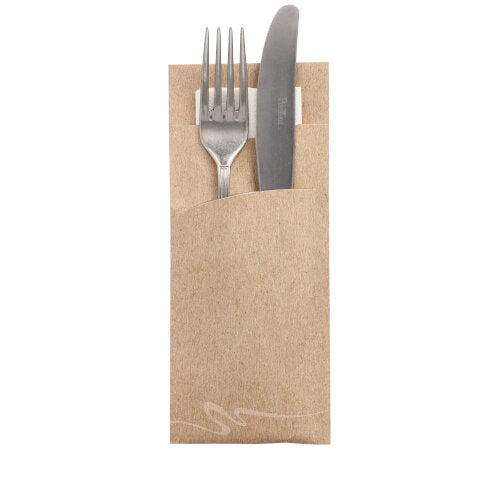 Papstar 1x 520 Bestecktaschen 20 cm x 8,5 cm natur inkl. weißer Serviette 33 x 33 cm 2-lag.