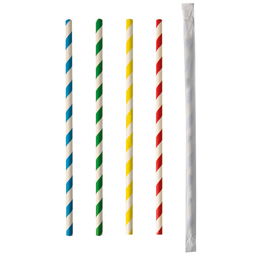 Papstar 10x 100 Trinkhalme, Papier Ø 6 mm · 20 cm farbig sortiert "Stripes" einzeln gehüllt