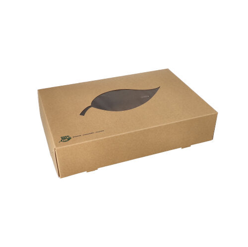 Papstar 10x 10 Transport- und Catering-Kartons, Pappe "pure" 8 cm x 35,7 cm x 24,7 cm braun "100% Fair" mit Sichtfenster aus PLA