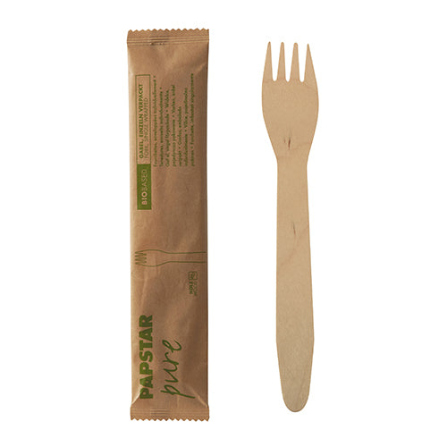 Papstar 500 Gabeln einzeln verpackt in Papierbeutel, Material: Holz, Serie: Pure, Länge: 15,5cm