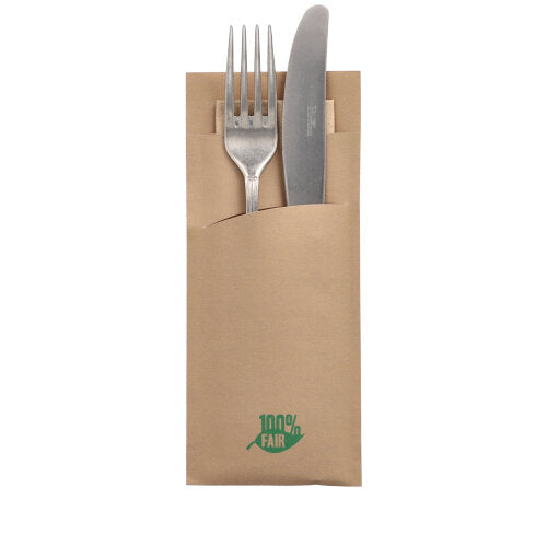 Papstar 1x 520 Bestecktaschen 20 cm x 8,5 cm braun "100% Fair" inkl. naturfarbener Recycling-Serviette 33 x 33 cm 2-lag.