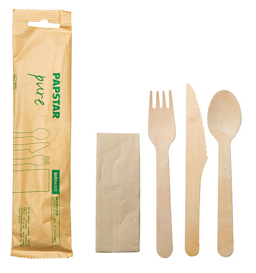 Papstar 30x Besteckset (Messer, Gabel, Löffel & Serviette), Holz, Serie: Pure