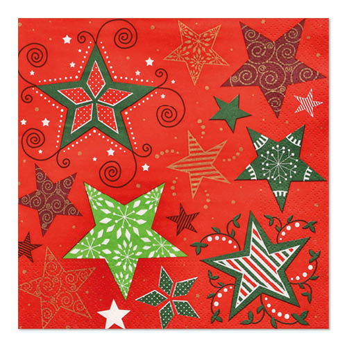 Papstar 300 Servietten, 3-lagig 1/4-Falz 33 cm x 33 cm rot "Heavenly Stars"