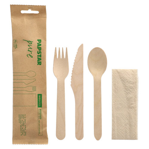 Papstar 500x Besteckset (Messer, Gabel, Löffel & Serviette), Holz, Serie: Pure