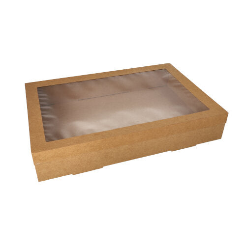 Papstar 5x 10 Transport- und Catering-Kartons, Pappe eckig 8 cm x 31 cm x 45 cm braun mit separatem Deckel und Sichtfenster aus PET