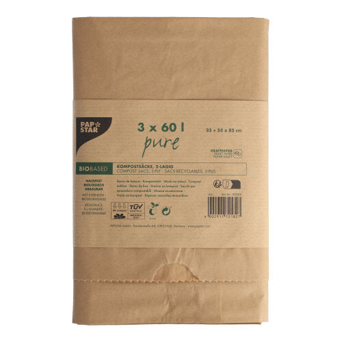 Papstar 20x 3 Kompostsäcke aus Papier "pure" 60 l 85 cm x 55 cm x 23 cm braun , 2-lagig