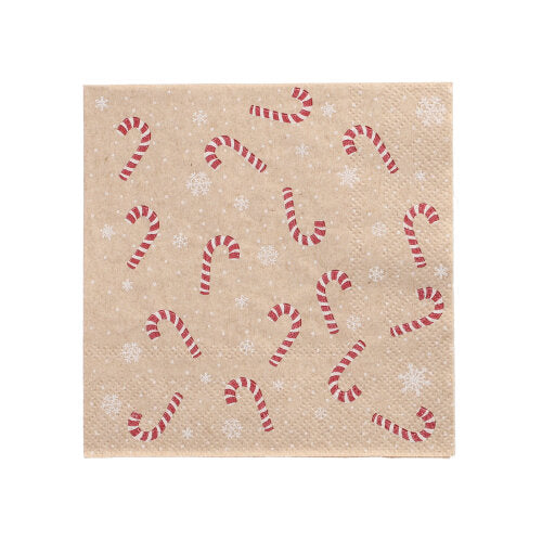 Papstar 280 Servietten, 3-lagig 1/4-Falz 25 cm x 25 cm natur "Candy Canes" aus recyceltem Papier