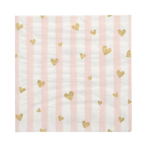Papstar 12x 30 Servietten, 3-lagig 1/4-Falz 33 cm x 33 cm pink "Golden Hearts"