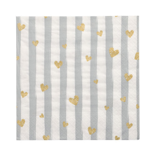 Papstar 12x 30 Servietten, 3-lagig 1/4-Falz 33 cm x 33 cm grau "Golden Hearts"