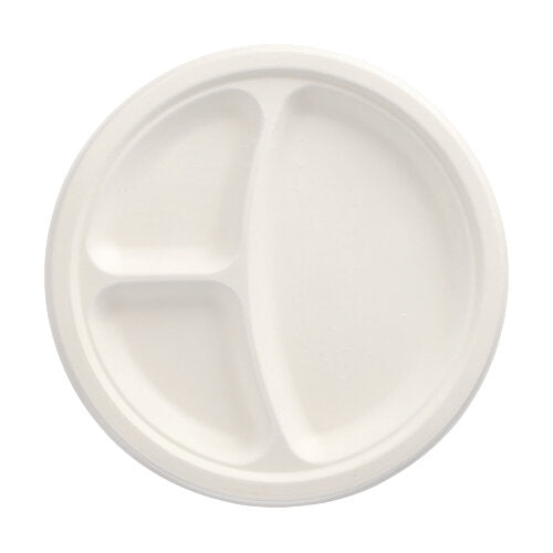 Papstar 10x 50 Teller, Zuckerrohr "pure" 3-geteilt Ø 23 cm · 2 cm weiss