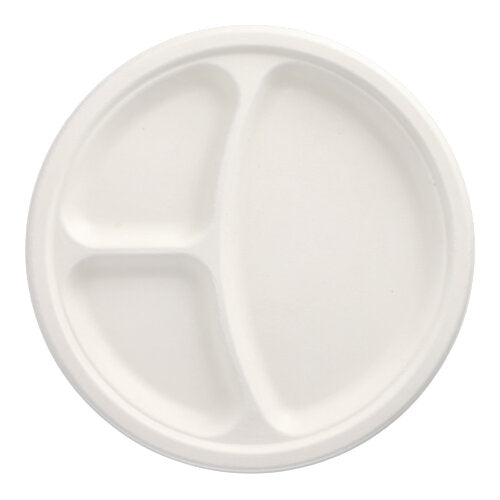 Papstar 10x 50 Teller, Zuckerrohr "pure" 3-geteilt Ø 26 cm · 2 cm weiss