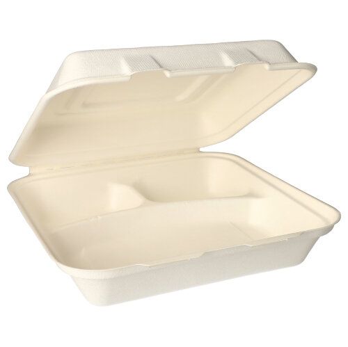 Papstar 5x 25 Menüboxen, Zuckerrohr "pure" 3-geteilt 8 cm x 24 cm x 24 cm weiss