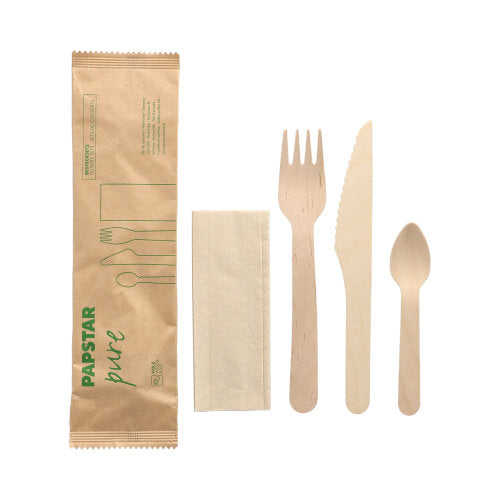 Papstar 500 Bestecksets (Messer, Gabel, Kaffeelöffel & Serviette), Holz, Serie: Pure