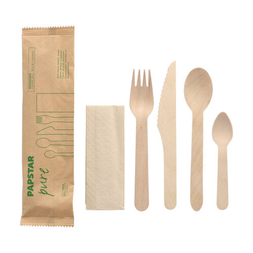 Papstar 500 Bestecksets (Messer, Gabel, Löffel, Kaffeelöffel & Serviette), Holz, Serie: Pure