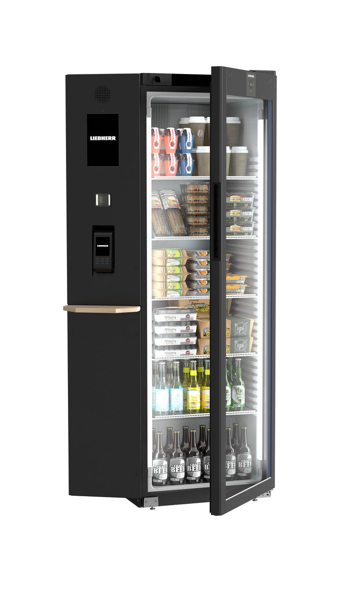 Liebherr Getränkekühlschrank "Perfection" (mit Umluftkühlung und integrierter Bezahlsäule), Stahl, Kunststoff, Glas, Schwarz, 0,433kW, 230V, 400L, 597x654x1884mm (SMRFvg 4011)