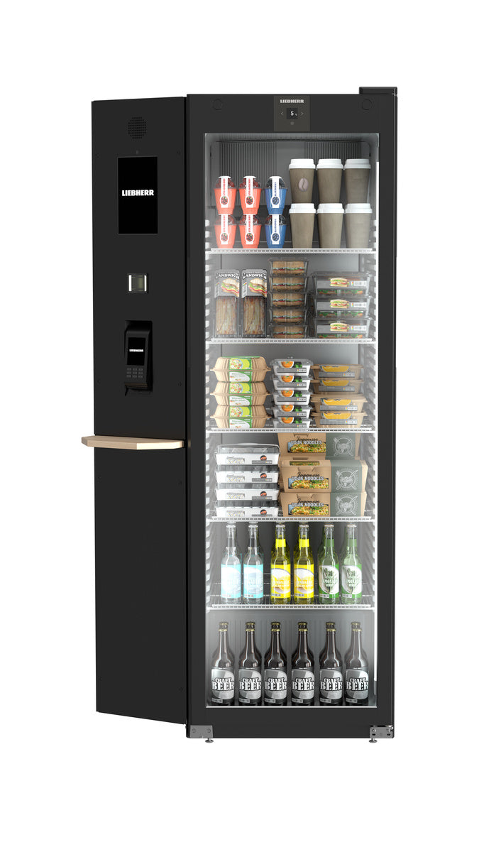 Liebherr Getränkekühlschrank "Perfection" (mit Umluftkühlung und integrierter Bezahlsäule), Stahl, Kunststoff, Glas, Schwarz, 0,433kW, 230V, 400L, 597x654x1884mm (SMRFvg 4011)
