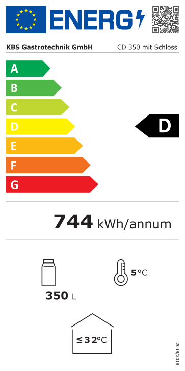KBS Kühlschrank (mit Glastür und Schloss), Stahl, Kunststoff und Glas, Weiß, 0,23kW, 230V, 350L, 600x600x1730mm (CD 350)