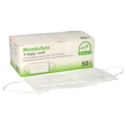 Papstar 10x 50 "Medi-Inn®" Mundschutz Type II 3-lagig 9 cm x 17,5 cm weiss mit Nasenbügel