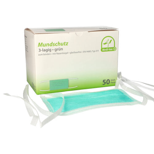 Papstar 10x 50 "Medi-Inn®" Mundschutz Type IIR 3-lagig 9 cm x 17,5 cm grün mit Nasenbügel, zum Binden