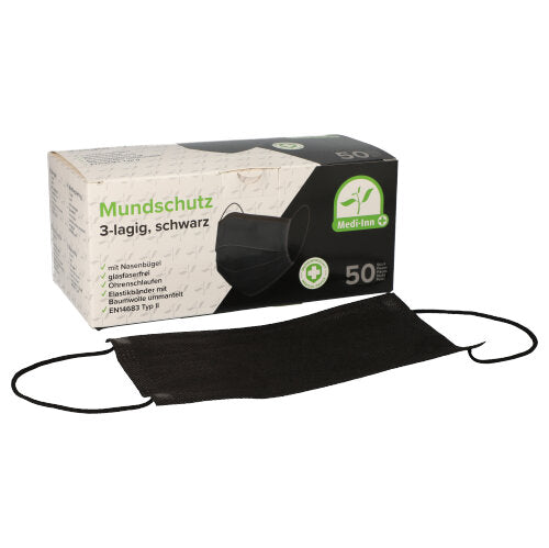 Papstar 10x 50 "Medi-Inn®" Mundschutz Type II 3-lagig 9 cm x 17,5 cm schwarz mit Nasenbügel