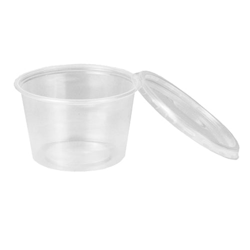 Papstar 500 Dressingbecher mit Deckel, rund, Material: PP; Füllinhalt: 100ml, Abmessungen: Ø 7cm · 4,4cm, Farbe: transparent