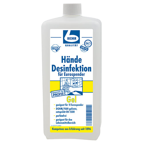 Papstar 10x "Dr. Becher" Hände Desinfektion 1000 ml Gel, Flasche für Eurospender geeignet