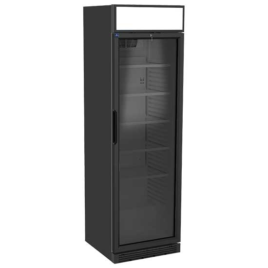 Mastro Getränkekühlvitrine 373 Liter mit Glastür und Werbedisplay, 5 Roste, +1°/+10°C - Farbe schwarz