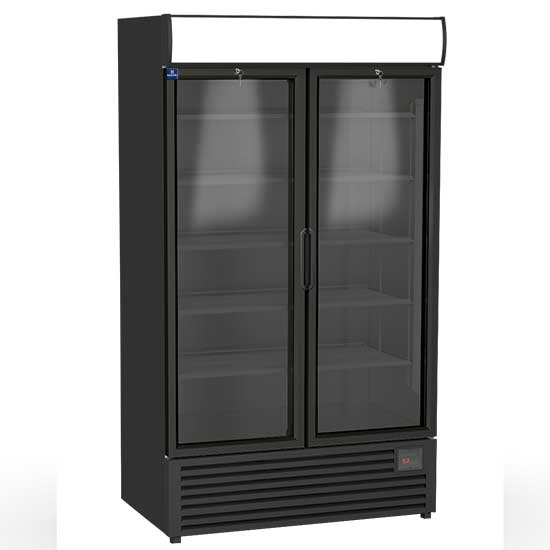 Mastro Getränkekühlvitrine 1140 Liter mit 2 Glastüren und Werbedisplay, 4+4 Roste, +1°/+10°C - Schwarz