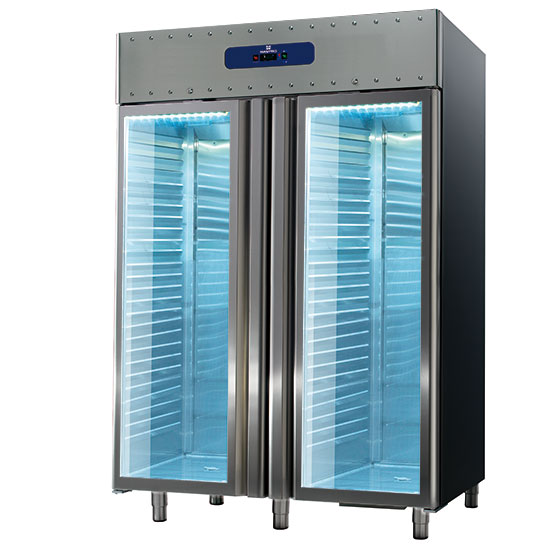 Mastro Tiefkühlschrank 1400 Liter aus Edelstahl mit Glastüren, GN 2/1, -10°/-25°C, 85 mm Isolierung