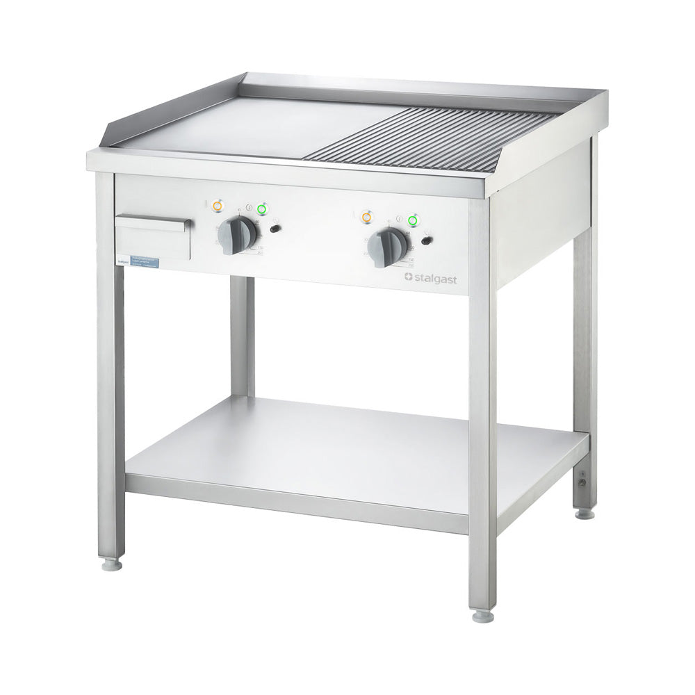 Stalgast Elektro-Griddleplatte als Standgerät - ½ glatt / ½ gerillt, Unterbau offen, 800 x 700 x 850 mm (BxTxH)