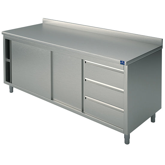 Mastro Neutraler Arbeitsschrank mit eingebauter Schubladeneinheit rechts, mit Aufkantung, 1600x700 mm