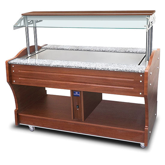 Mastro neutrales Buffet mit Edelstahlplatte, Inselmodell, 4x GN 1/1, Haube nicht absenkbar