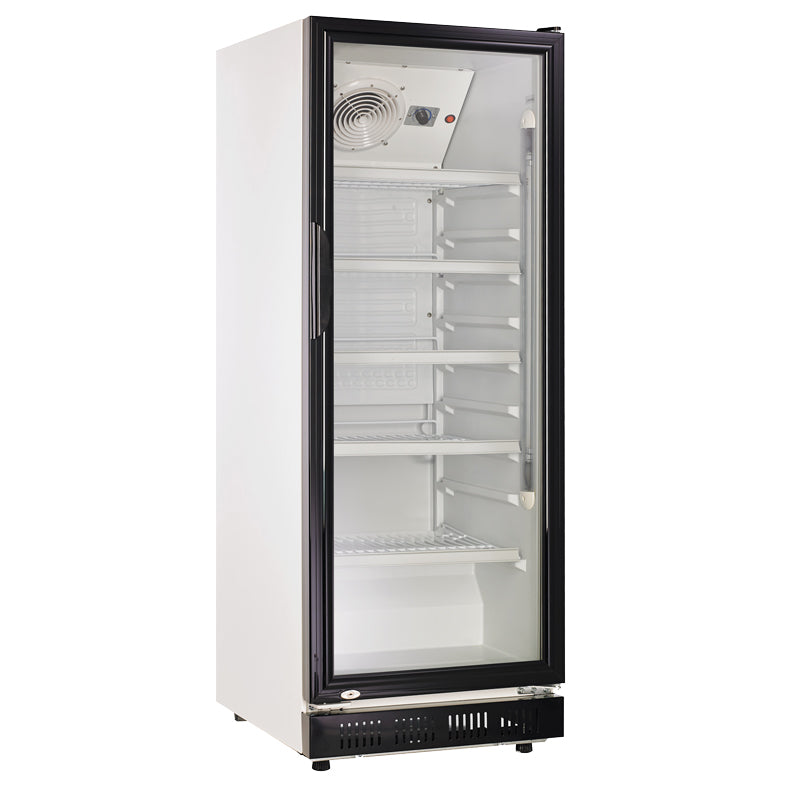 360L Getränkekühlschrank (Flaschenkühlschrank) mit Glastür. Abschließbar. weiß/schwarz. Freistehender Getränkekühlschrank.