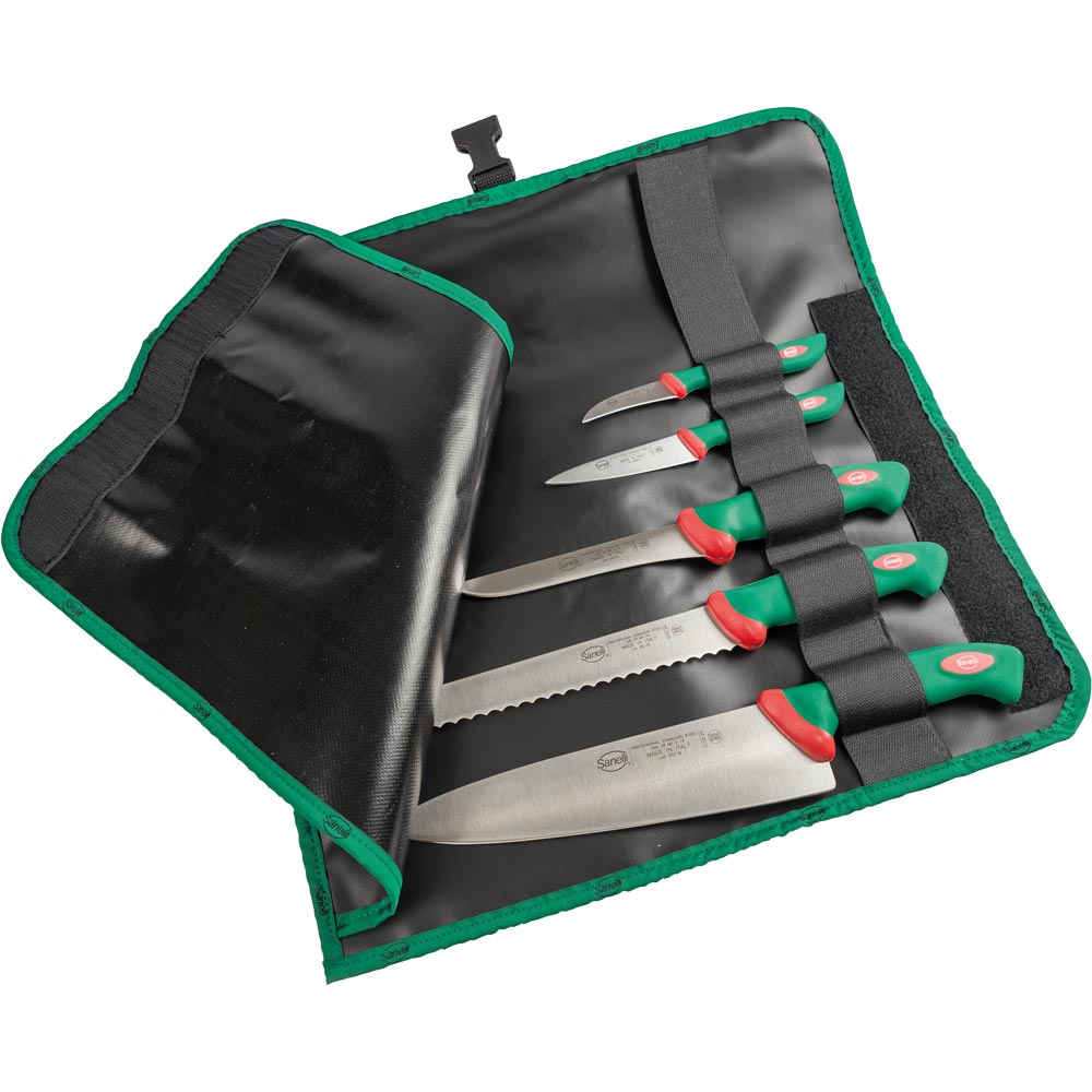 Sanelli Messerset, inkl. 5 Messer (Kochmesser, Brotmesser, Spickmesser, Schälmesser, Gemüsemesser) und Rolltasche, Edelstahl, Grün
