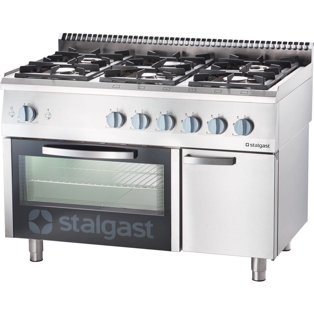 Stalgast Gasherd mit 6 Brennern (3,5+2x5+2x7+9), Gas-Backofen GN2/1 und Unterschrank, Serie 700 ND