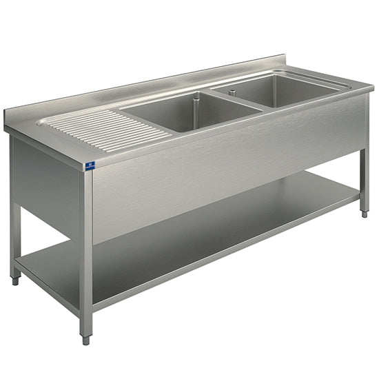 Mastro Spültisch, 2 Becken, Tropftasse links, auf Beinen, mit Zwischenboden, 1400x700 mm