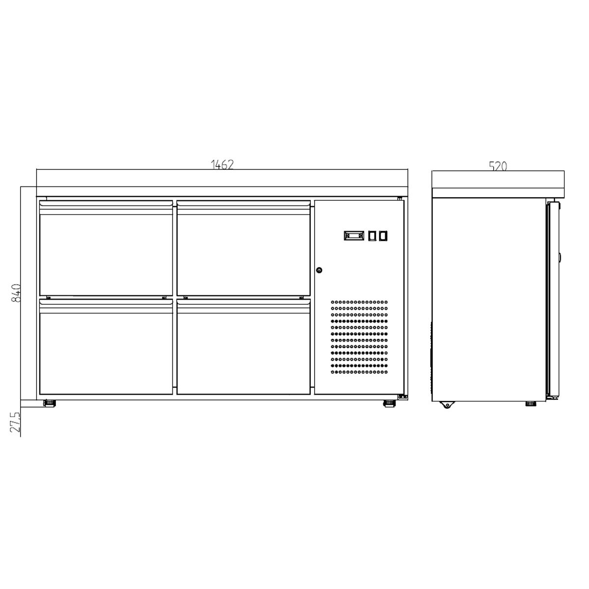 Vaiotec Barkühltisch "EASYLINE" (4 Schubladen), Edelstahl, Schwarz, 0,39kW, 230V, 280L, 1465x520x840mm