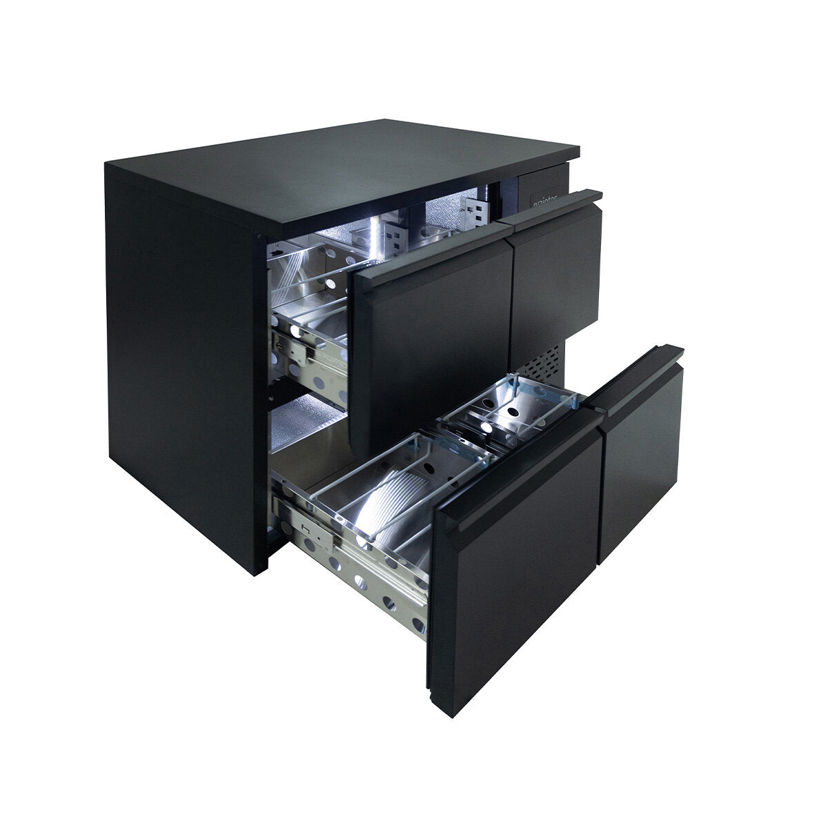 Vaiotec Barkühltisch "EASYLINE" (4 Schubladen), Edelstahl, Schwarz, 0,39kW, 230V, 280L, 1465x520x840mm