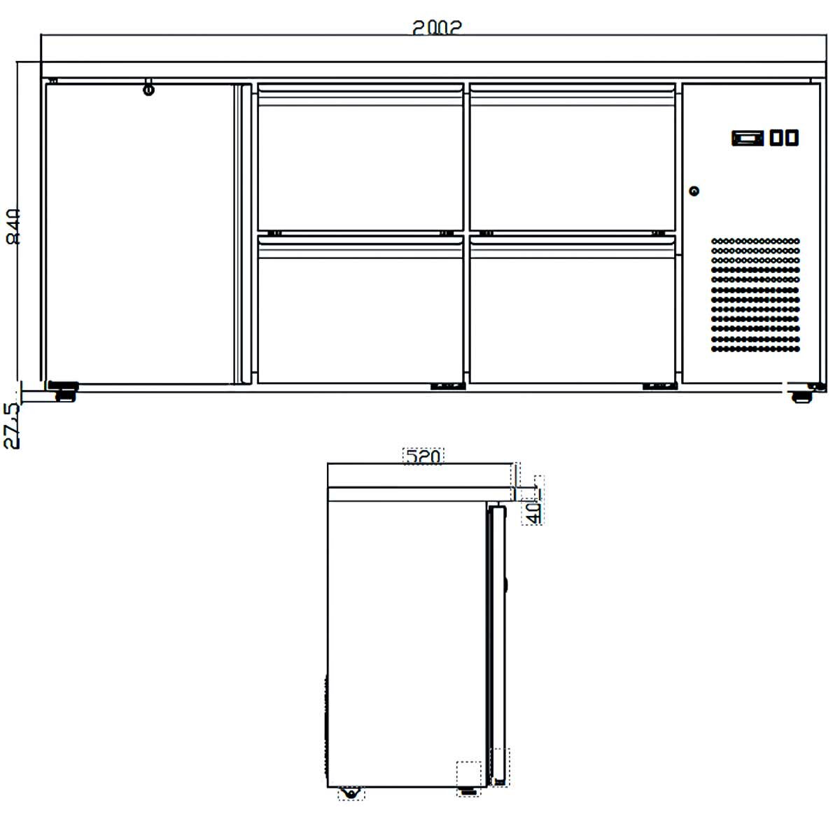 Vaiotec Barkühltisch "EASYLINE" (6 Schubladen), Edelstahl, Schwarz, 0,93kW, 230V, 425L, 2005x520x840mm