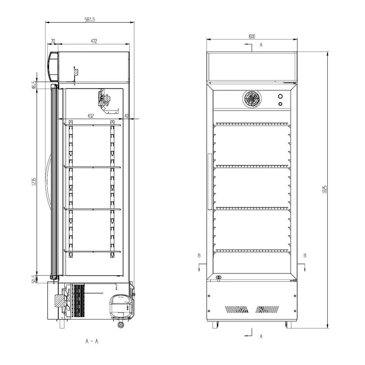 Vaiotec Getränkekühlschrank (mit Glastür und Leuchtaufsatz), Edelstahl und Glas, Schwarz und Transparent, 289L, 0,155kW, 230V, 600x570x1830mm