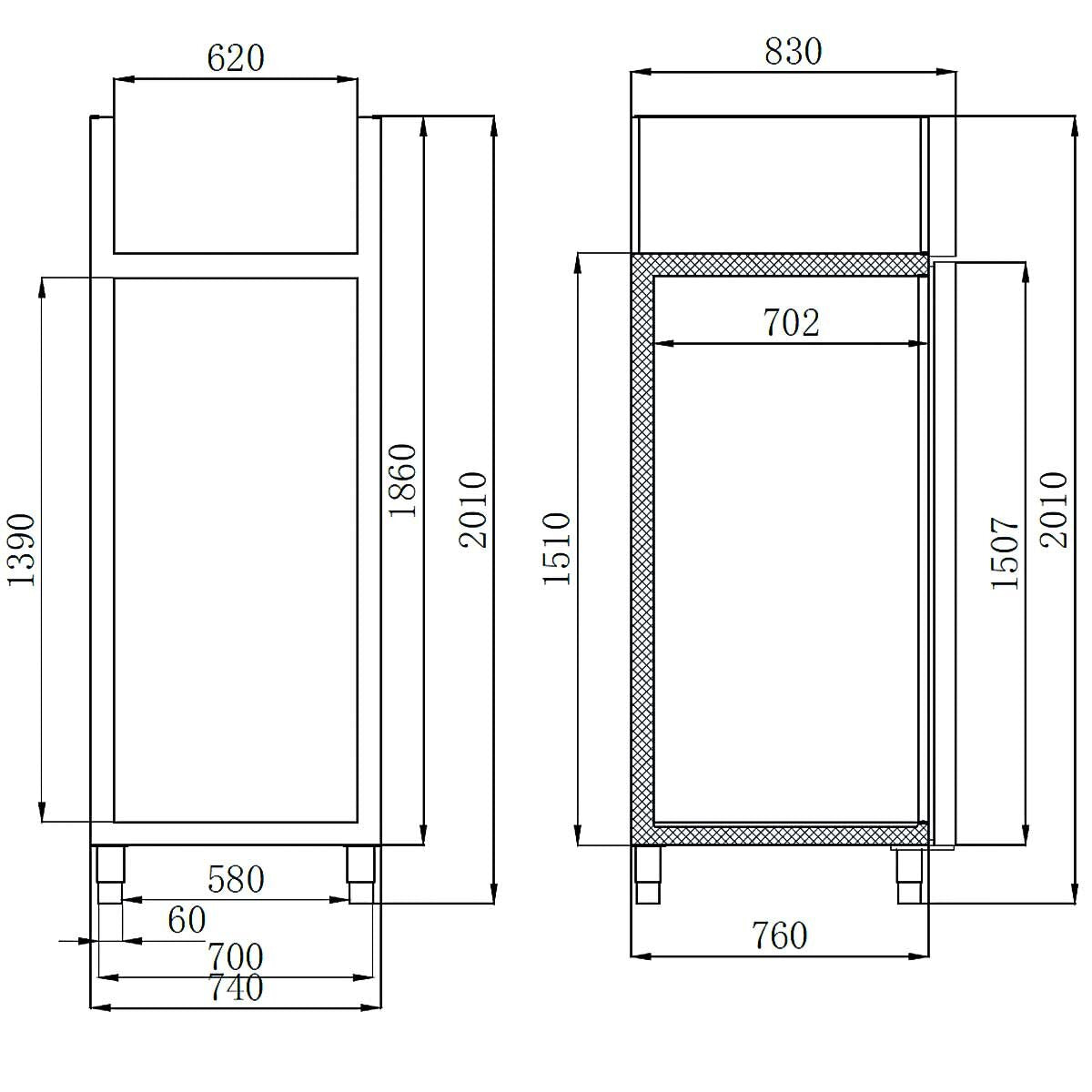 Vaiotec Kühlschrank "EASYLINE 700" (GN2/1), Edelstahl, Silber, 0,430kW, 230V, 650L, 740x830x2010mm