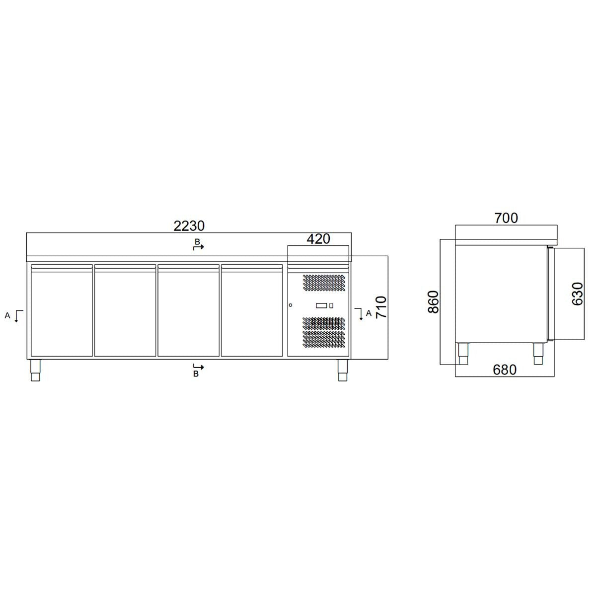 Vaiotec EASYLINE Kühltisch "700" (4-türig, Monoblock), Edelstahl, Silber, 0,43kW, 230V, 553L, 2230x700x850mm