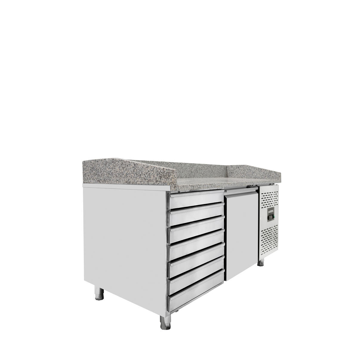 Vaiotec Pizzakühltisch "EASYLINE 800" (1-türig & 7 Schubladen), Edelstahl und Granit, Silber und Grau, 0,275kW, 230V, 1510x800x1000mm